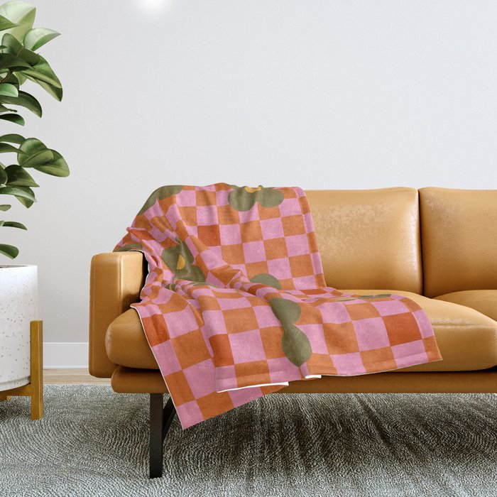 Little floral retro checker pattern Throw Blanket