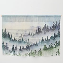 Misty Mountain Pines - Foggy Forest Watercolor Painting Wall Hanging