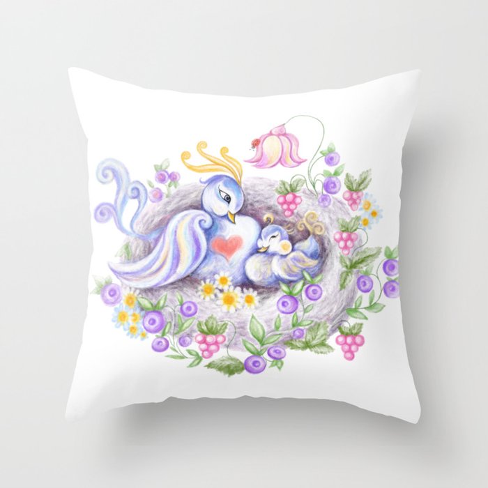 Cute mother bird and baby bird in the nest Throw Pillow