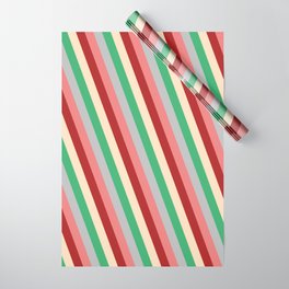 [ Thumbnail: Colorful Sea Green, Grey, Light Coral, Red & Bisque Colored Lines Pattern Wrapping Paper ]