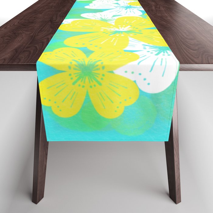 70’s Desert Flowers Yellow on Turquoise Table Runner