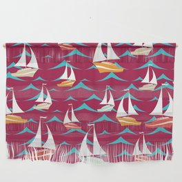Sailboats & Waves Nautical Pattern on Vivacious Pink Wall Hanging
