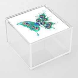 Butterfly with Green Peacock Feathers Acrylic Box