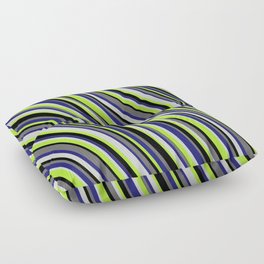 [ Thumbnail: Colorful Midnight Blue, Light Gray, Light Green, Black, and Dim Grey Colored Stripes/Lines Pattern Floor Pillow ]