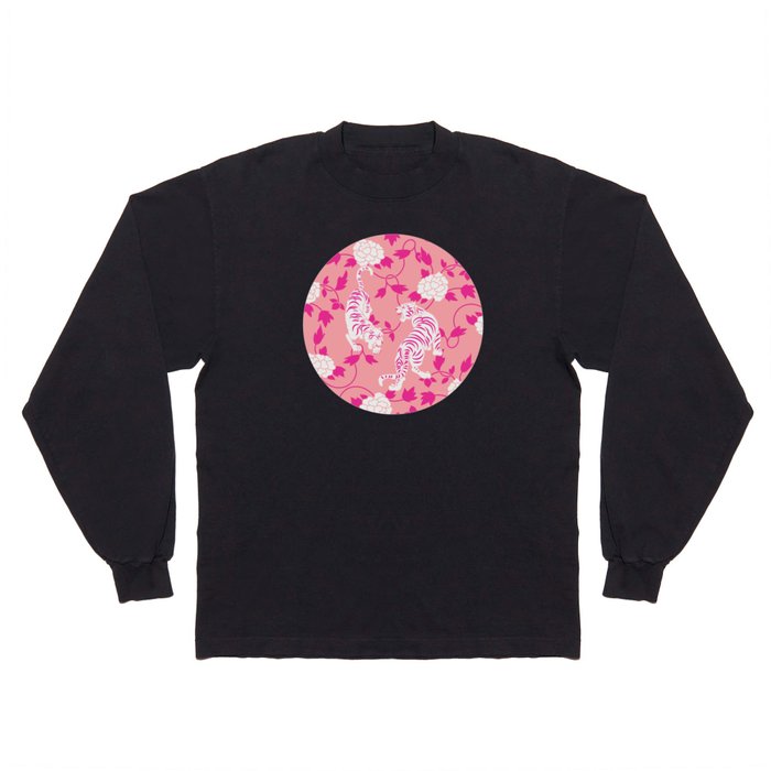 Pink Tigers, Chinese Tiger Pattern Long Sleeve T Shirt