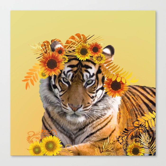 Tiger - Wild Animals Sunflower Mandala Monstera Leaves Fantasy Canvas Print