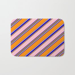 [ Thumbnail: Pink, Blue, Dark Orange, and Dim Gray Colored Pattern of Stripes Bath Mat ]