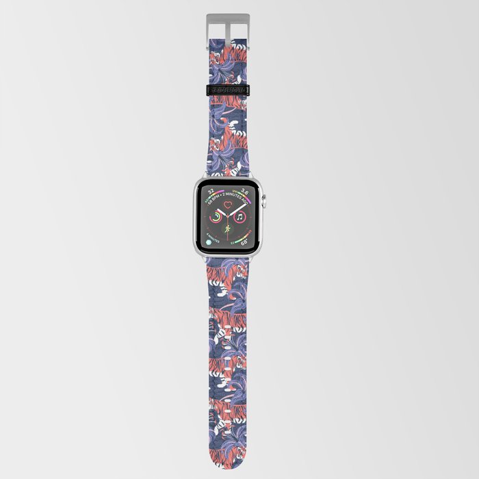 Tigers in a tiger lily garden // textured navy blue background coral wild animals very peri flowers Apple Watch Band