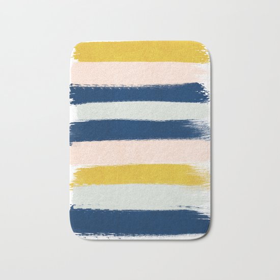 Esther - navy mint gold painted stripes brushstrokes minimal modern canvas art painting Bath Mat