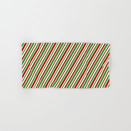 [ Thumbnail: Christmas Themed Green, White, and Red Colored Stripes/Lines Pattern Hand & Bath Towel ]