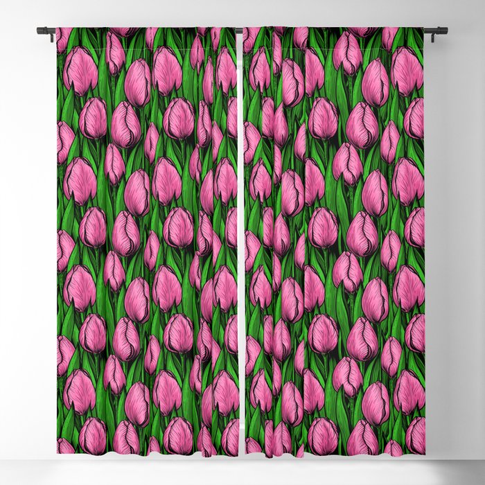 Pink tulips with green leaves Blackout Curtain