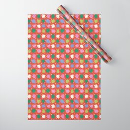 Small Starbursts on Red Wrapping Paper | Green, Illustration, Stars, Starbursts, Red, Pink, Christmas, Retro, Pattern, Giftwrap 