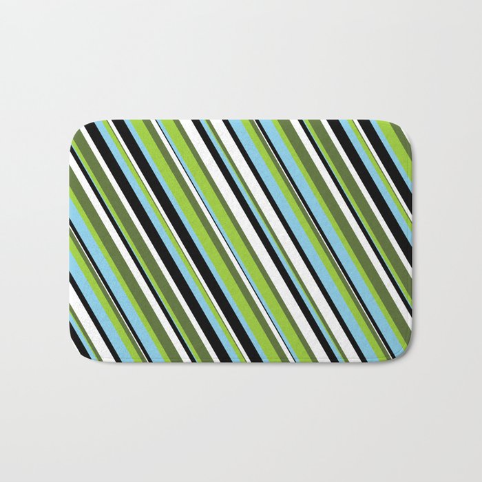 Eye-catching Dark Olive Green, Green, Sky Blue, Black & White Colored Stripes/Lines Pattern Bath Mat