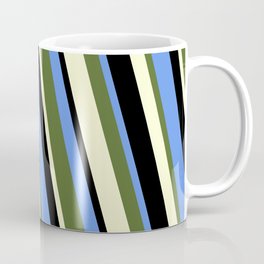 [ Thumbnail: Cornflower Blue, Dark Olive Green, Light Yellow, and Black Colored Lines/Stripes Pattern Coffee Mug ]