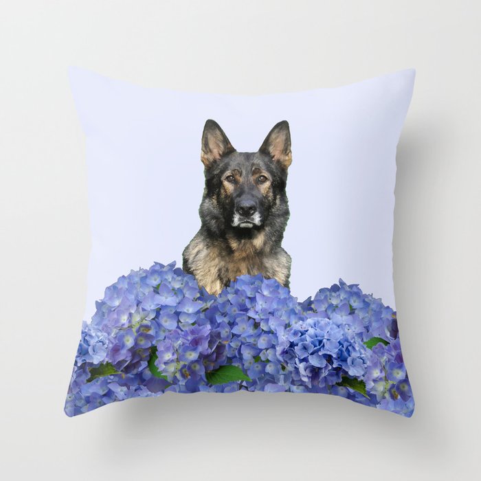 German Shepherd Dog - Blue Hydrangea Flower Blossoms Throw Pillow