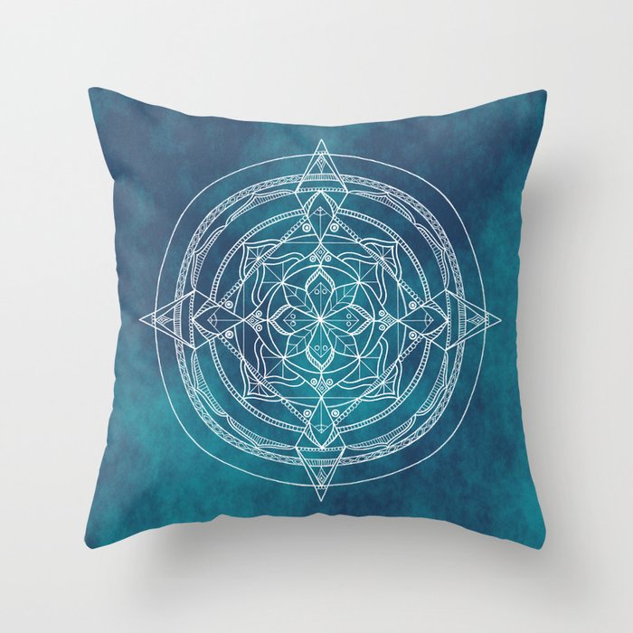 White Mandala - Dusky Blue/Turquoise Throw Pillow