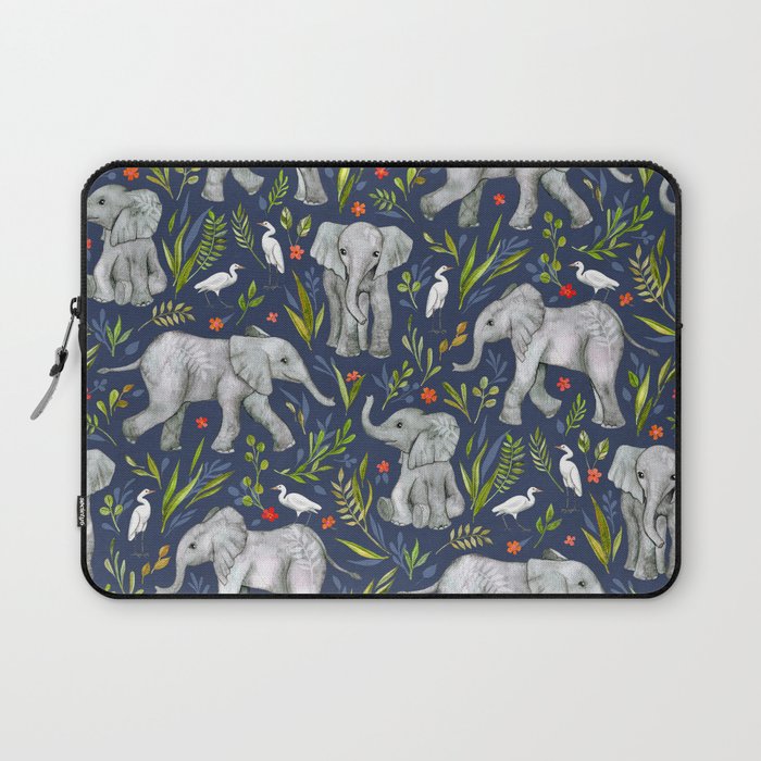 Baby Elephants and Egrets in Watercolor - navy blue Laptop Sleeve