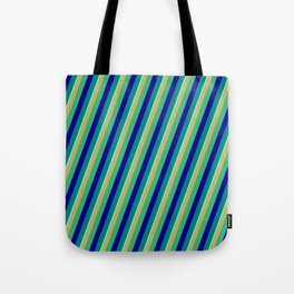 [ Thumbnail: Vibrant Dark Khaki, Sea Green, Dark Blue, Teal & Aquamarine Colored Striped Pattern Tote Bag ]