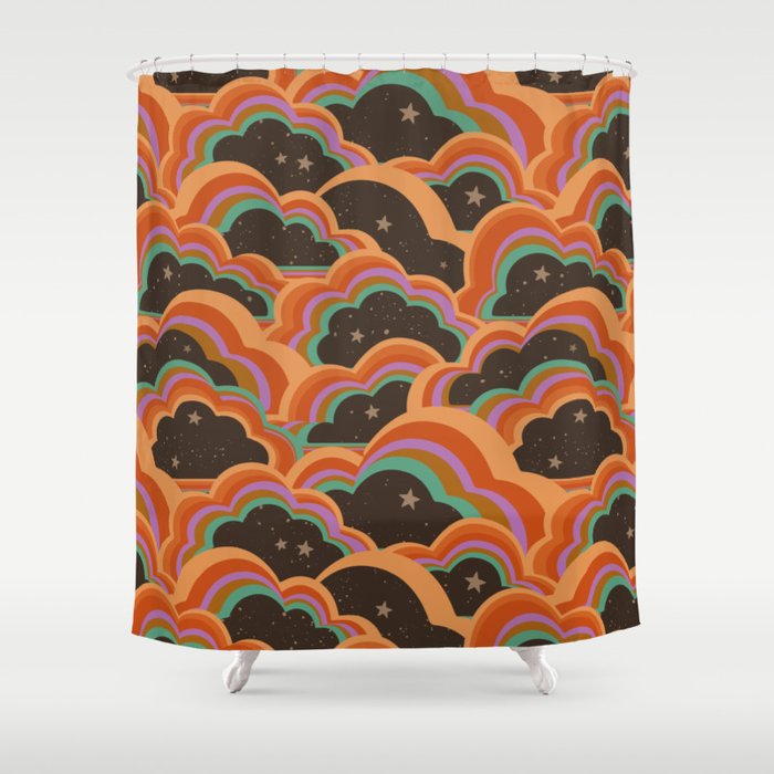 Retro 70s Inspired Boho Rainbow Clouds Pattern Shower Curtain