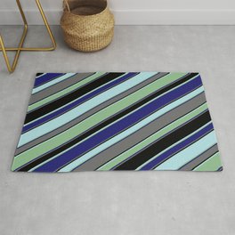[ Thumbnail: Powder Blue, Dark Sea Green, Midnight Blue, Dim Gray, and Black Colored Striped/Lined Pattern Rug ]