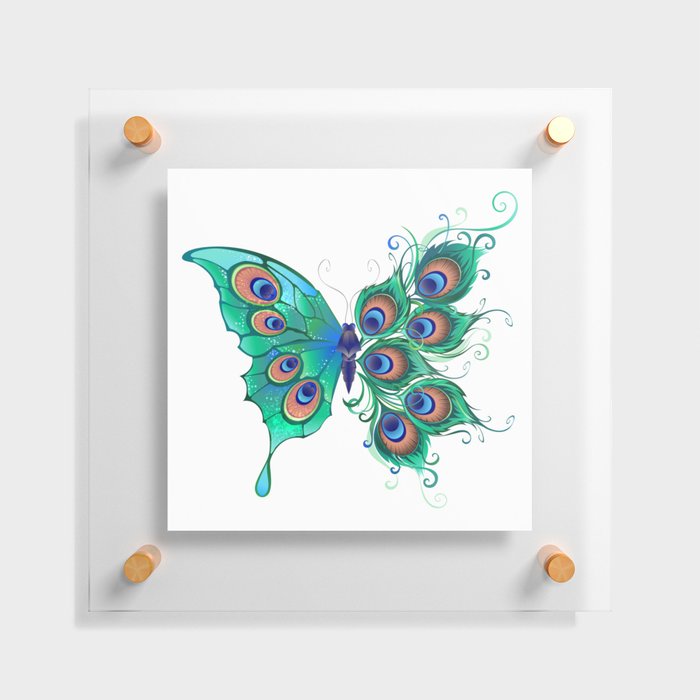 Butterfly with Green Peacock Feathers Floating Acrylic Print