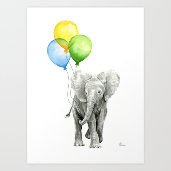 Elephant Watercolor Baby Animal with Balloons - Blue Yellow Green Art Print