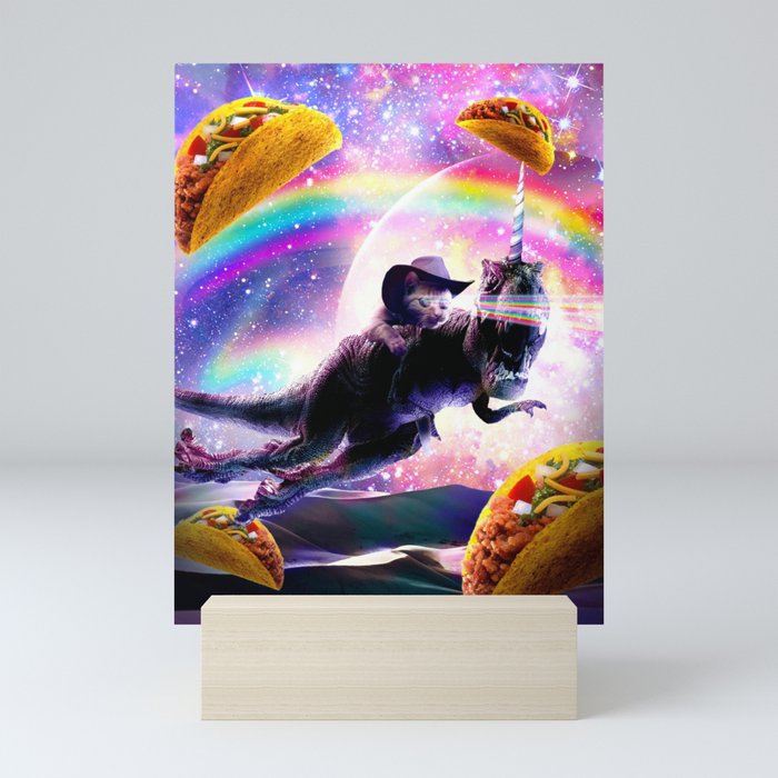 Laser Space Cat On Rainbow Dinosaur Unicorn - Taco Mini Art Print