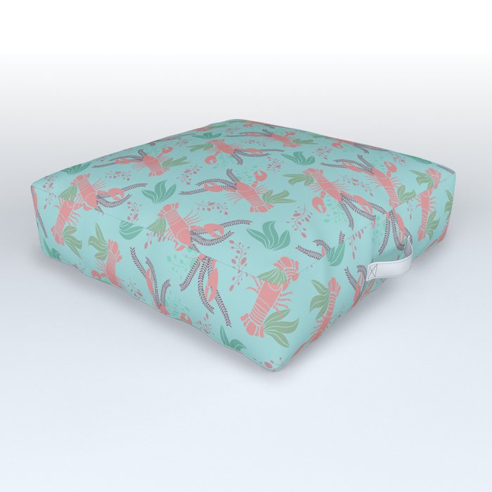 Pink lobsters under the sea with algae on blue aqua background Outdoor Floor Cushion