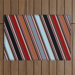 [ Thumbnail: Sienna, Light Blue, Dark Red, Light Slate Gray, and Black Colored Pattern of Stripes Outdoor Rug ]