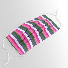 [ Thumbnail: Colorful Deep Pink, Mint Cream, Dark Slate Blue, Dark Green & Hot Pink Colored Stripes/Lines Pattern Face Mask ]