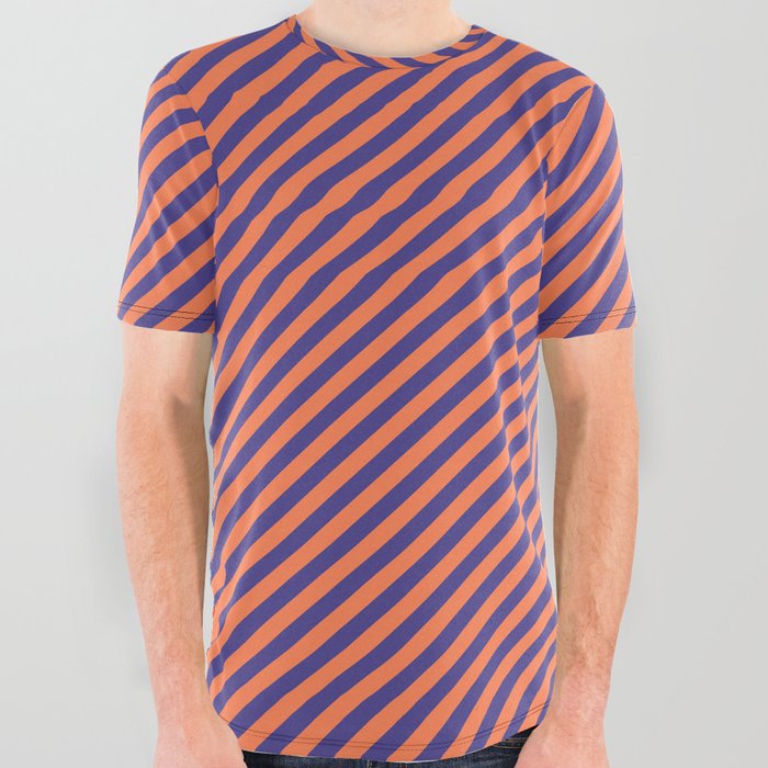 Coral & Dark Slate Blue Colored Striped/Lined Pattern All Over Graphic Tee