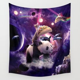 Rainbow Laser Space Cat On Panda Eating Taco Wall Tapestry