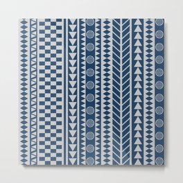 African Tribal Geometric Pattern Mud Cloth Blue Metal Print