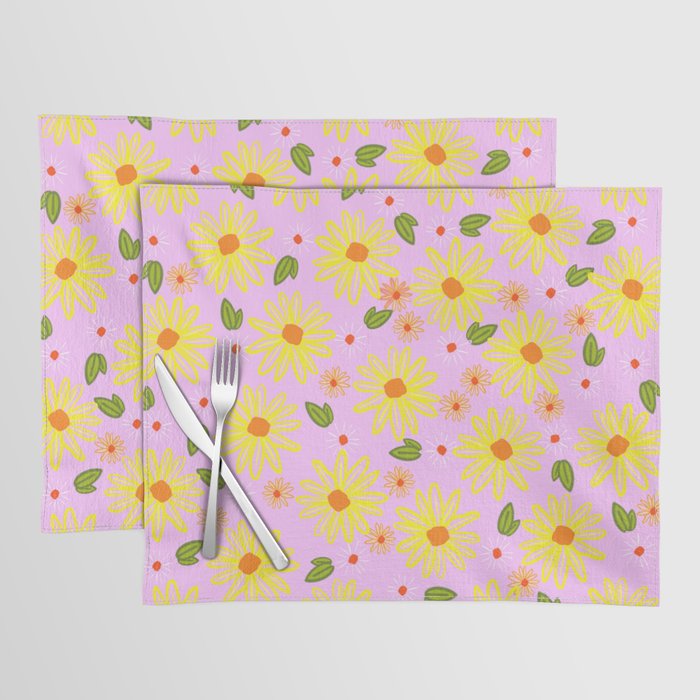 Retro Modern Spring Inked Flowers On Pink Placemat