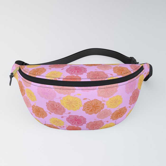 Hibiscus Hawaiian Flowers in Pinks and Corals on Llilac Fanny Pack