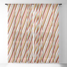 [ Thumbnail: Eyecatching Dark Goldenrod, Dark Red, Light Cyan, Coral & Light Blue Colored Striped/Lined Pattern Sheer Curtain ]