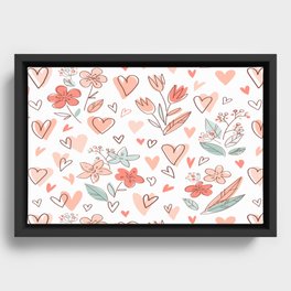 Flowers And Hearts valentines day pattern Framed Canvas