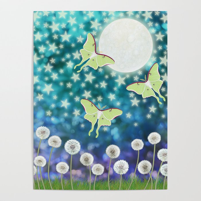 the moon, stars, luna moths, & dandelions Poster