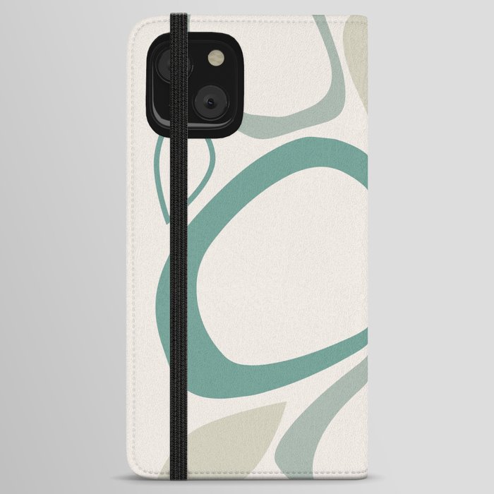 Mid Century Modern Abstract Shapes 8 in Olive Green, Light Green, Teal and Cream iPhone Wallet Case