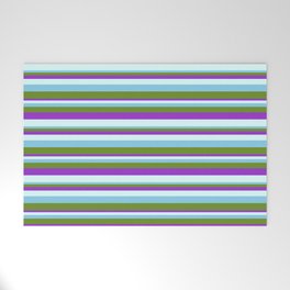 [ Thumbnail: Sky Blue, Green, Dark Orchid, and Light Cyan Colored Striped Pattern Welcome Mat ]