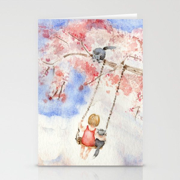 Girl on a Sakura Tree Swing with Cats Stationery Cards