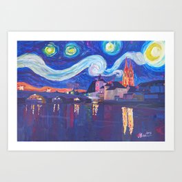 Starry Night in Regensburg  Van Gogh Inspirations on River Danube Art Print
