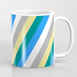 [ Thumbnail: Eye-catching Tan, Teal, Blue, White & Dark Gray Colored Striped/Lined Pattern Coffee Mug ]