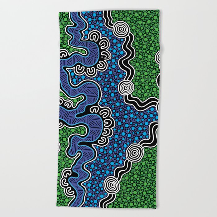 Authentic Aboriginal Art - The River (green) Beach Towel