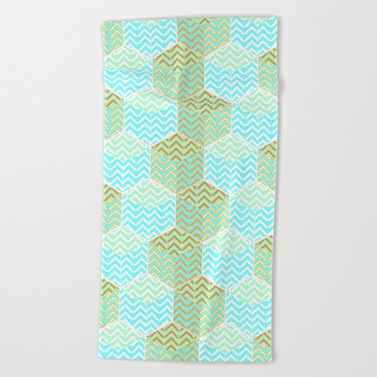 Cubes in teal and golden chevron Beach Towel