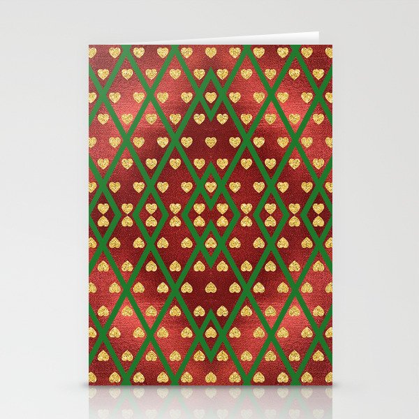 Gold Hearts on a Red Shiny Background with Green Crisscross  Diamond Lines Stationery Cards