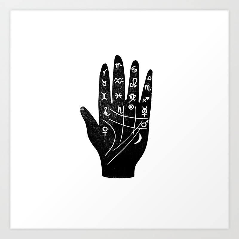 Linocut Hand Palm Reading Minimal Black And White Palmistry Fortune Teller Art Print