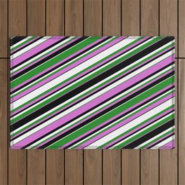 [ Thumbnail: Forest Green, Orchid, Black & White Colored Striped/Lined Pattern Outdoor Rug ]