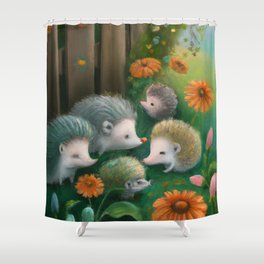 Whimsical Hedgehog Family Reunion in Country Garden Shower Curtain