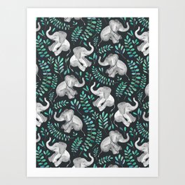 Laughing Baby Elephants – emerald and turquoise Art Print